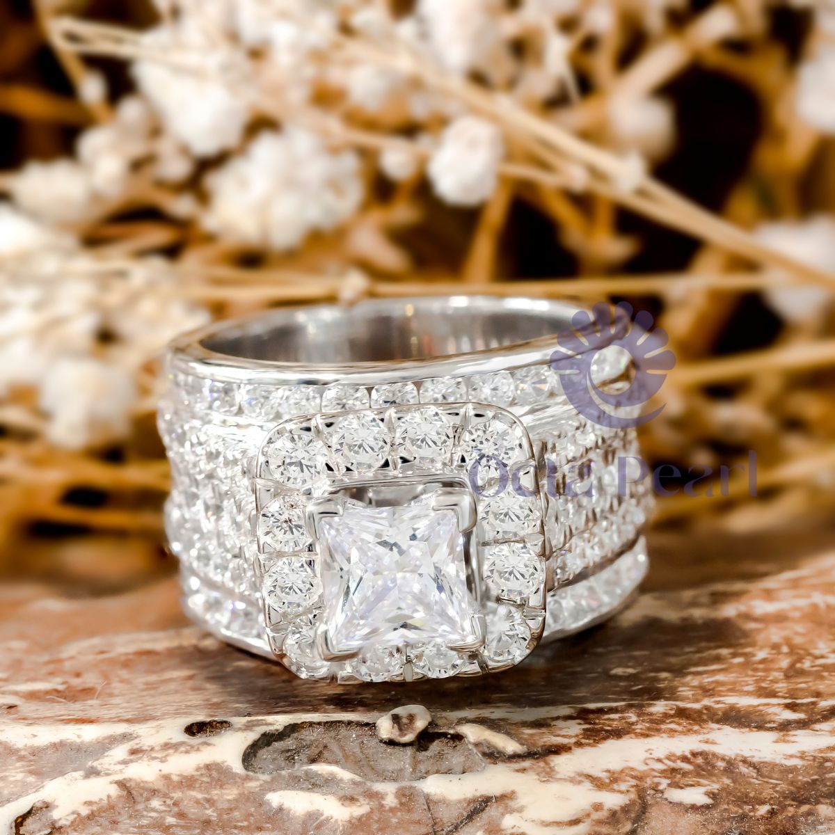 Princess CZ Stone Halo Wide Band Ring For Wedding