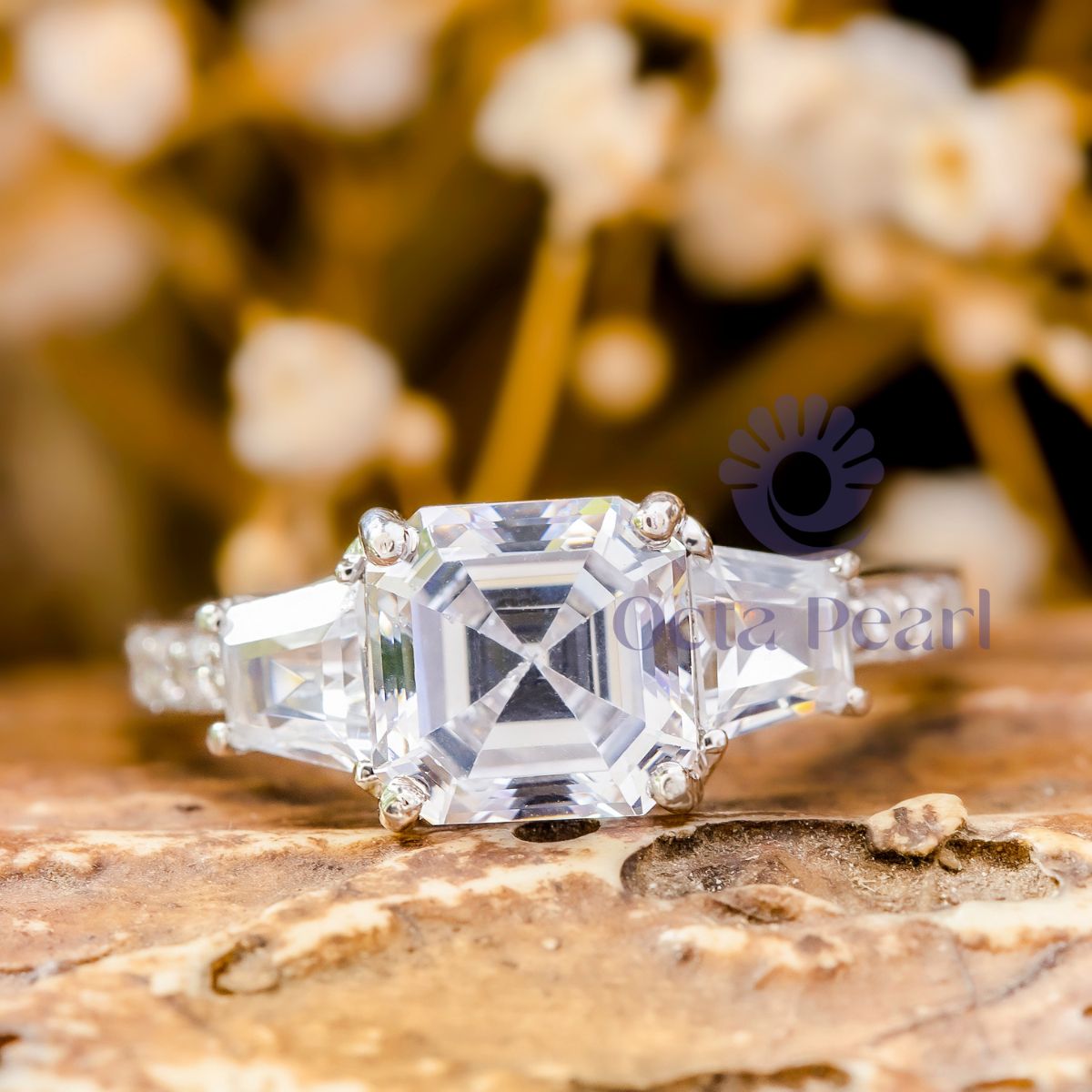 Asscher & Baguette CZ Three Stone With Accent Ring