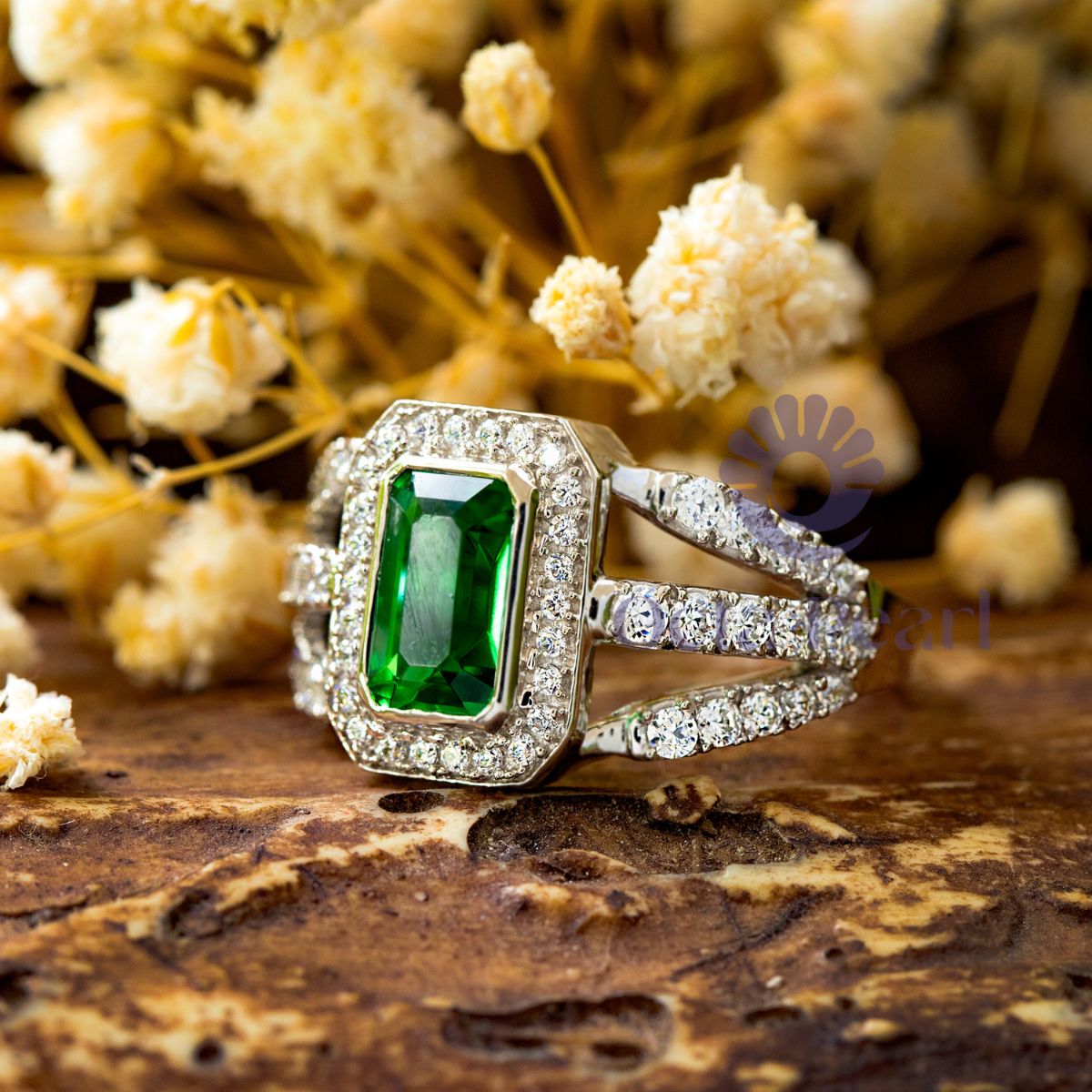 Emerald CZ Stone Bezel Set Halo Three Shank Ring