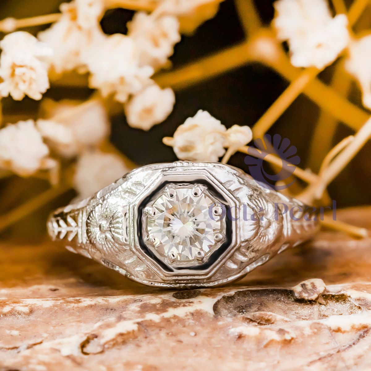 Round Moissanite Floral Motif Art Deco Solitaire Ring