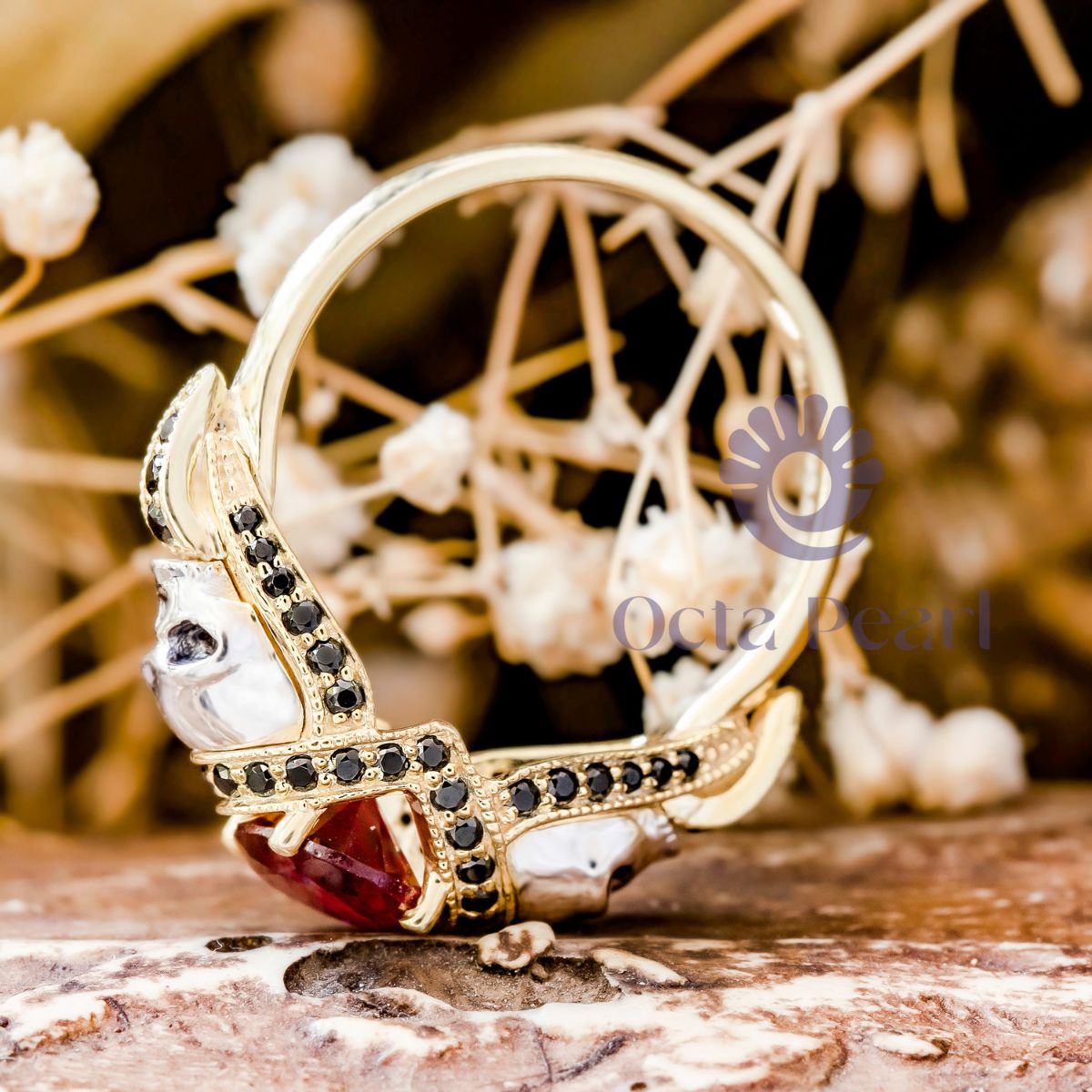 Red Round CZ Stone Two Skull Ring For Halloween
