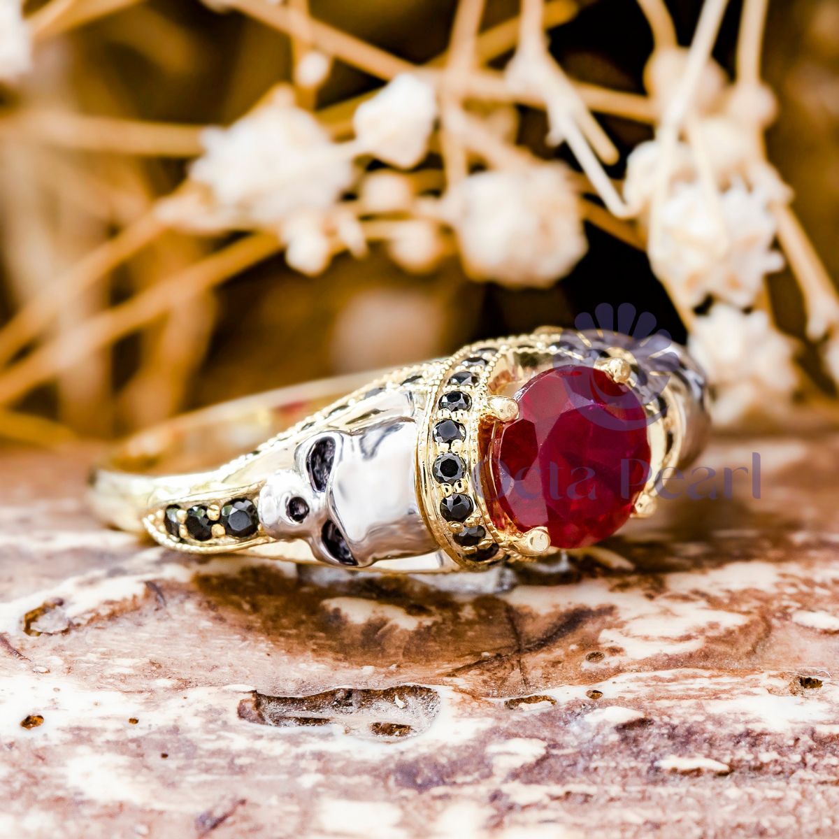 Red Round CZ Stone Two Skull Ring For Halloween