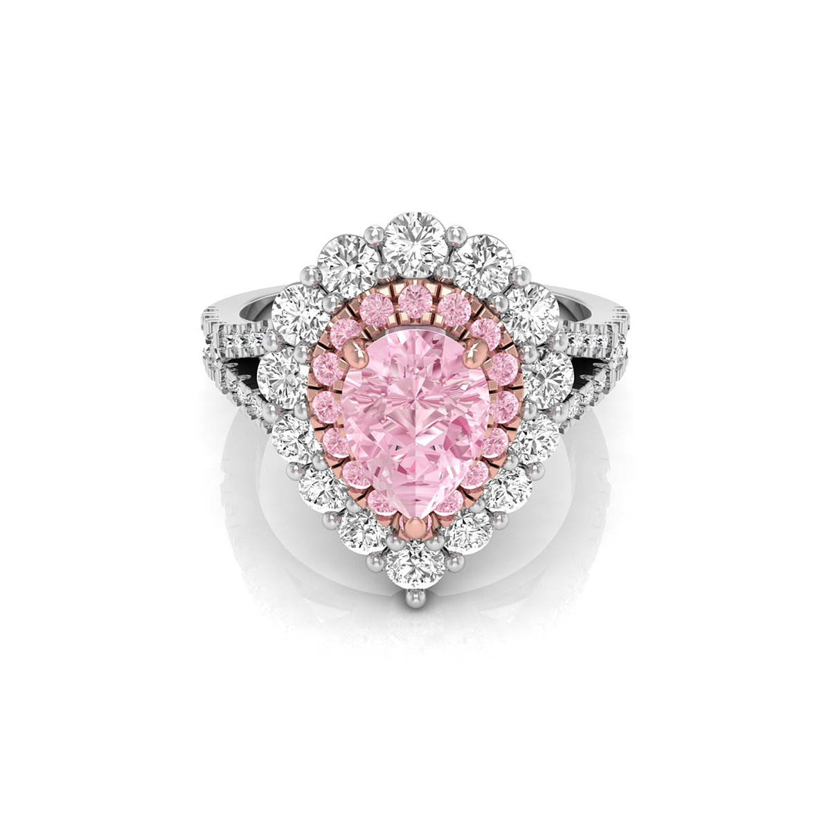 Pink Pear CZ Stone Double Halo Split Shank Ring
