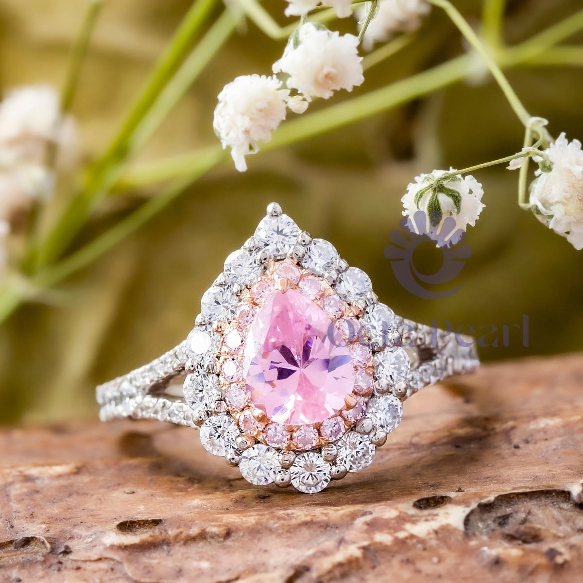 Pink Pear CZ Stone Double Halo Split Shank Ring