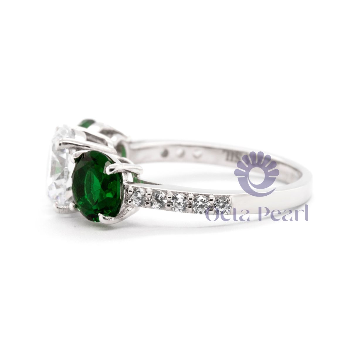 Green & White Round CZ Three Stone Wedding Ring