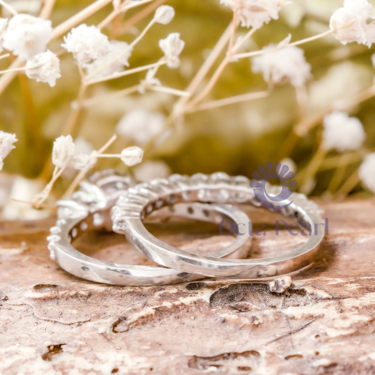 Round Moissanite Three Stone Wedding Ring Set