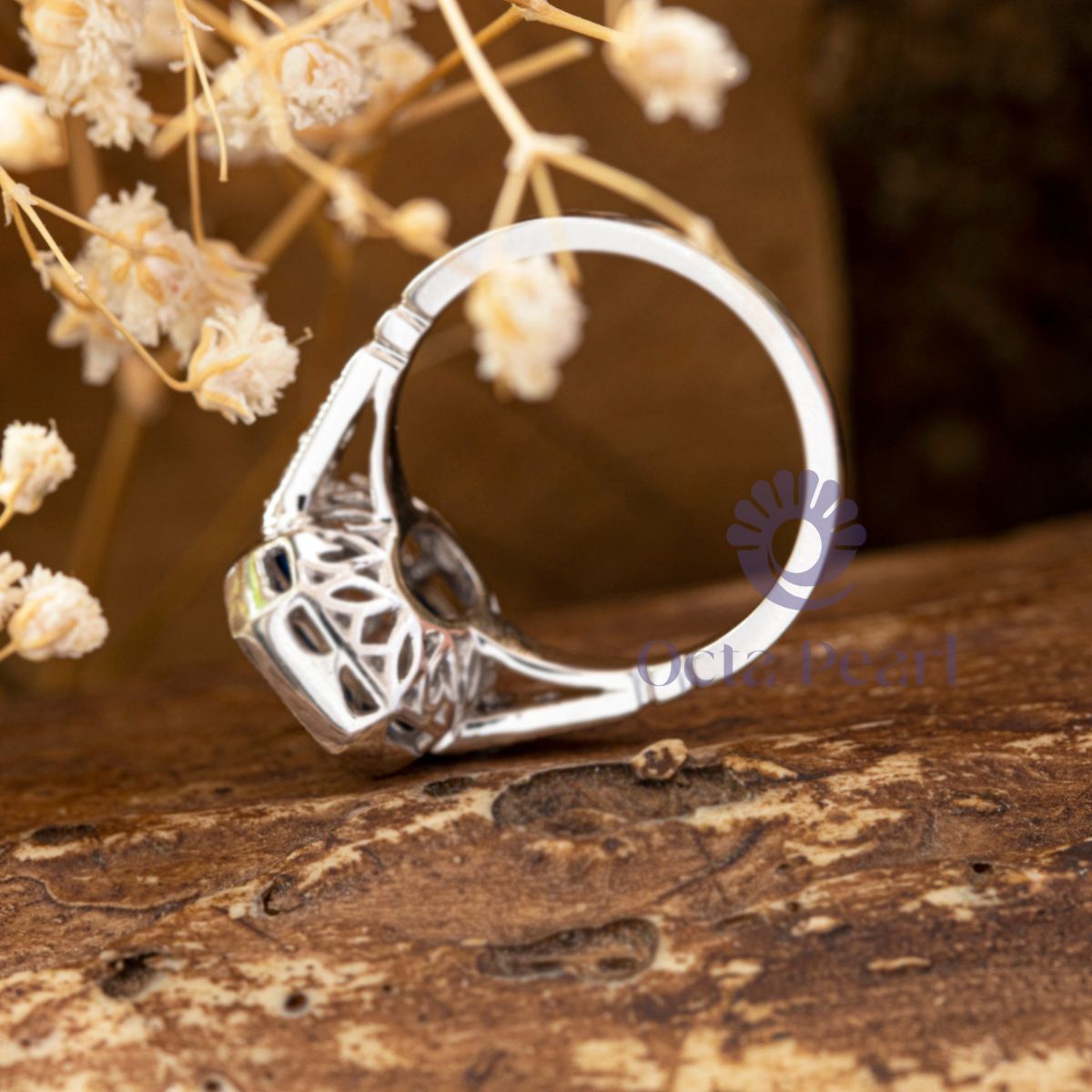 Emerald Cut CZ Stone Bezel Set Halo Victorian Ring