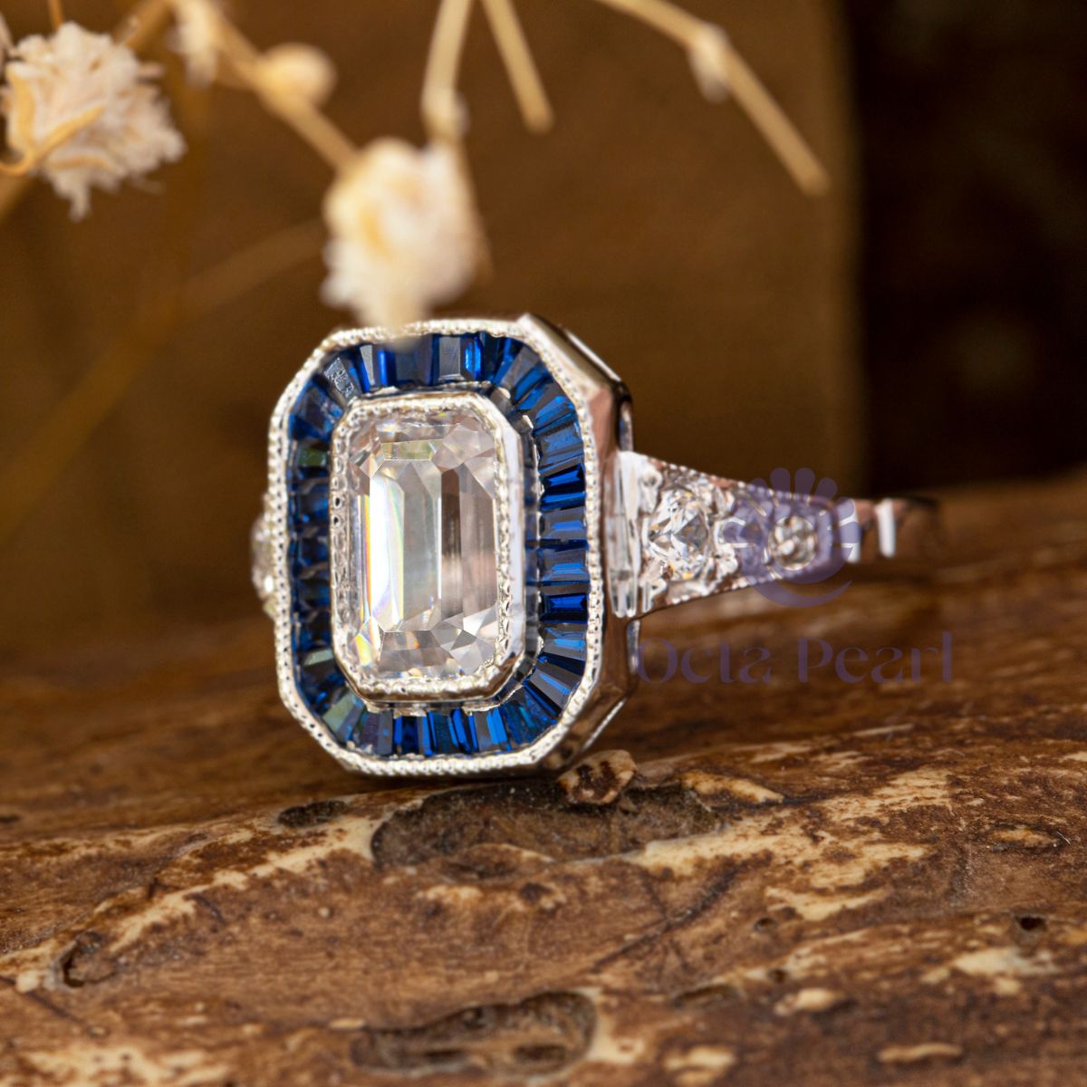 Emerald Cut CZ Stone Bezel Set Halo Victorian Ring