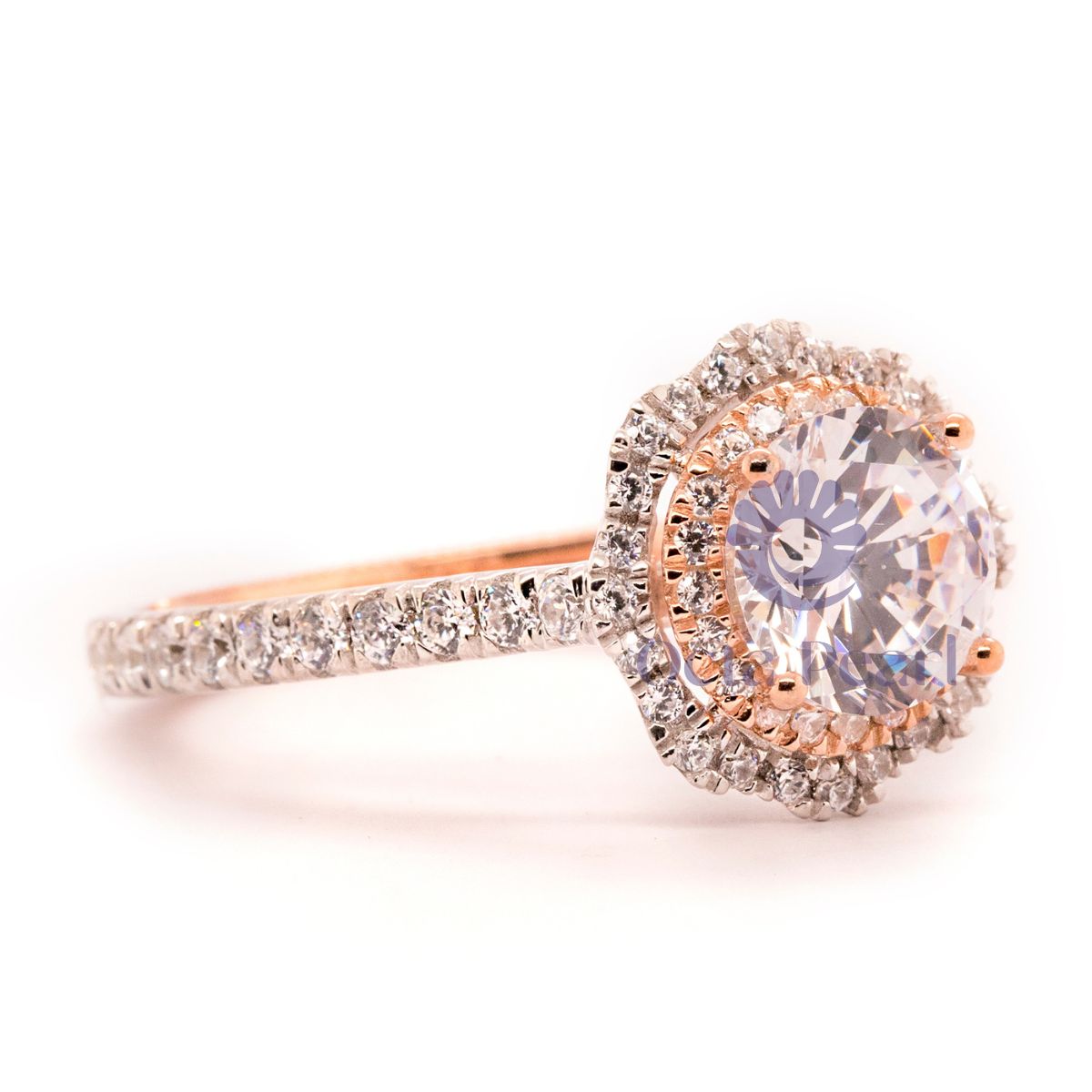 Two Tone Gold Round Moissanite Double Halo Ring