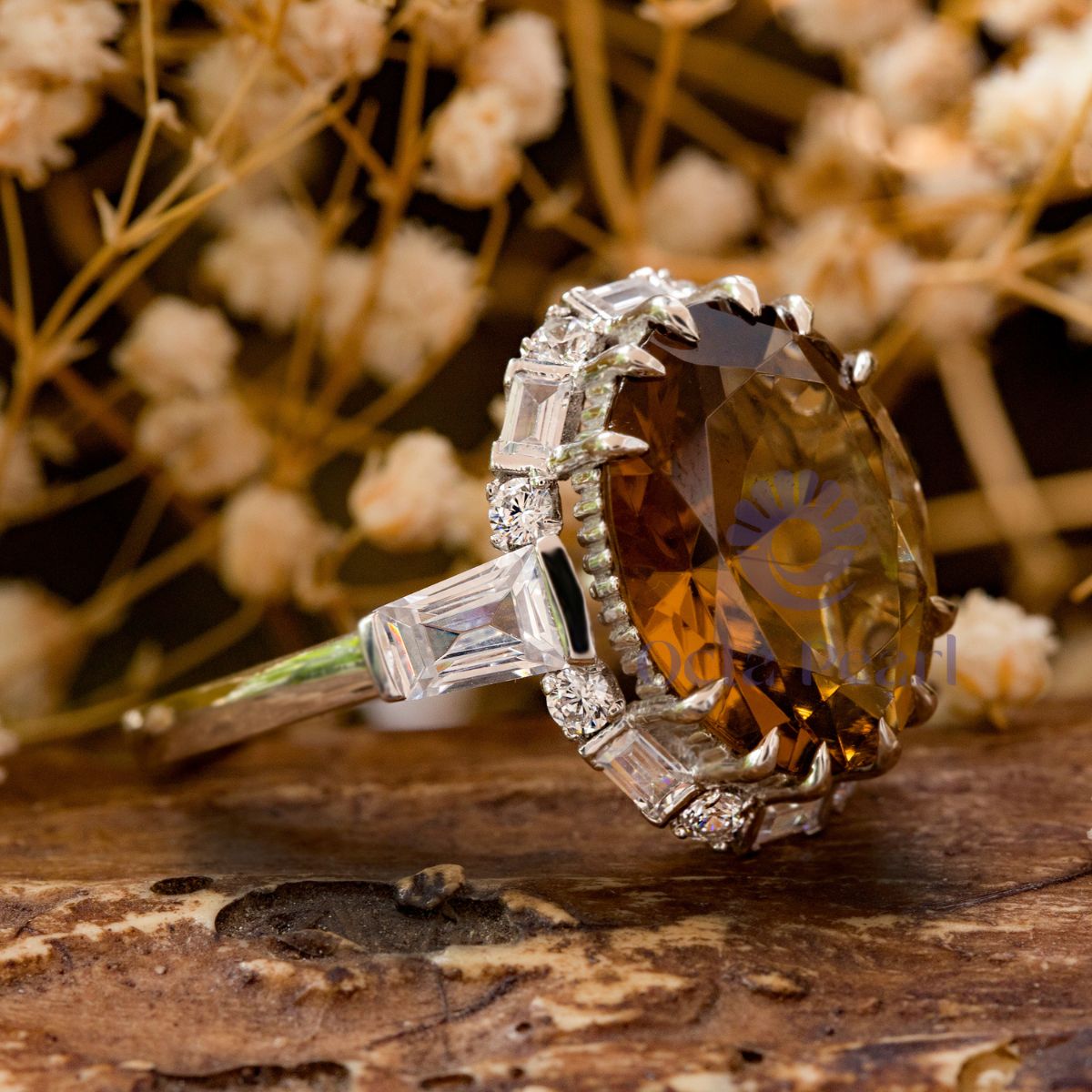 Brown Oval CZ Three Stone Halo Party Wear Ring