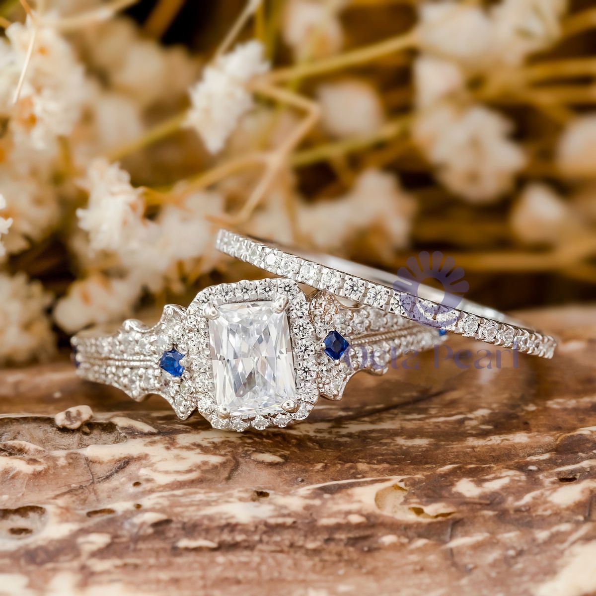 Radiant Stone Halo Milgrain Wedding Bridal Ring Set
