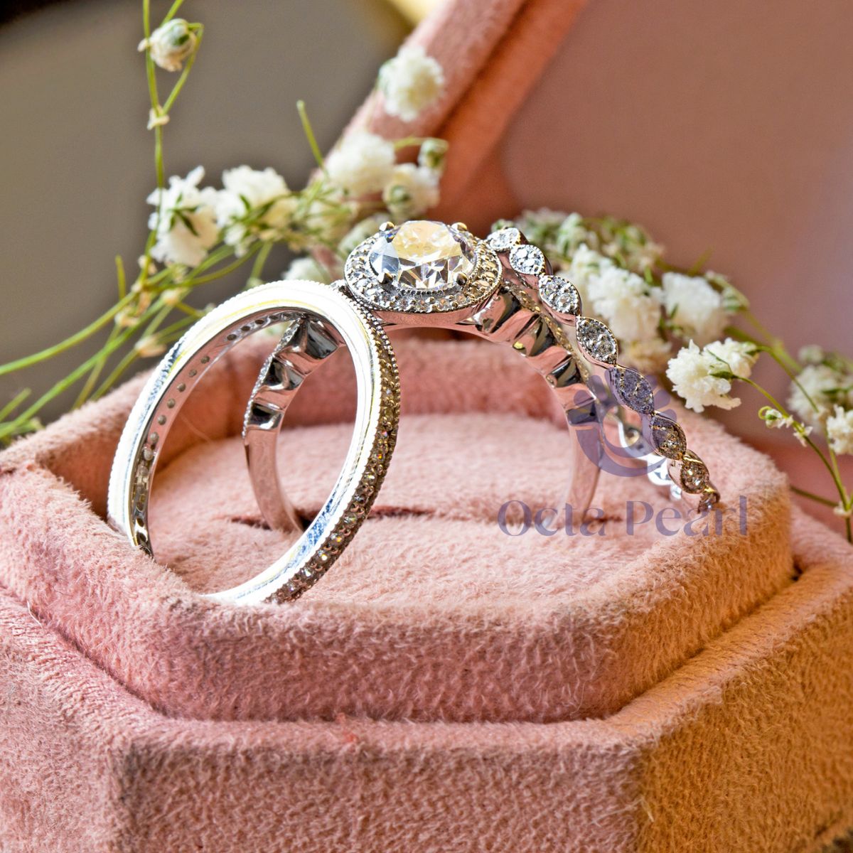 Oval Moissanite Halo Three Piece Bridal Ring Set