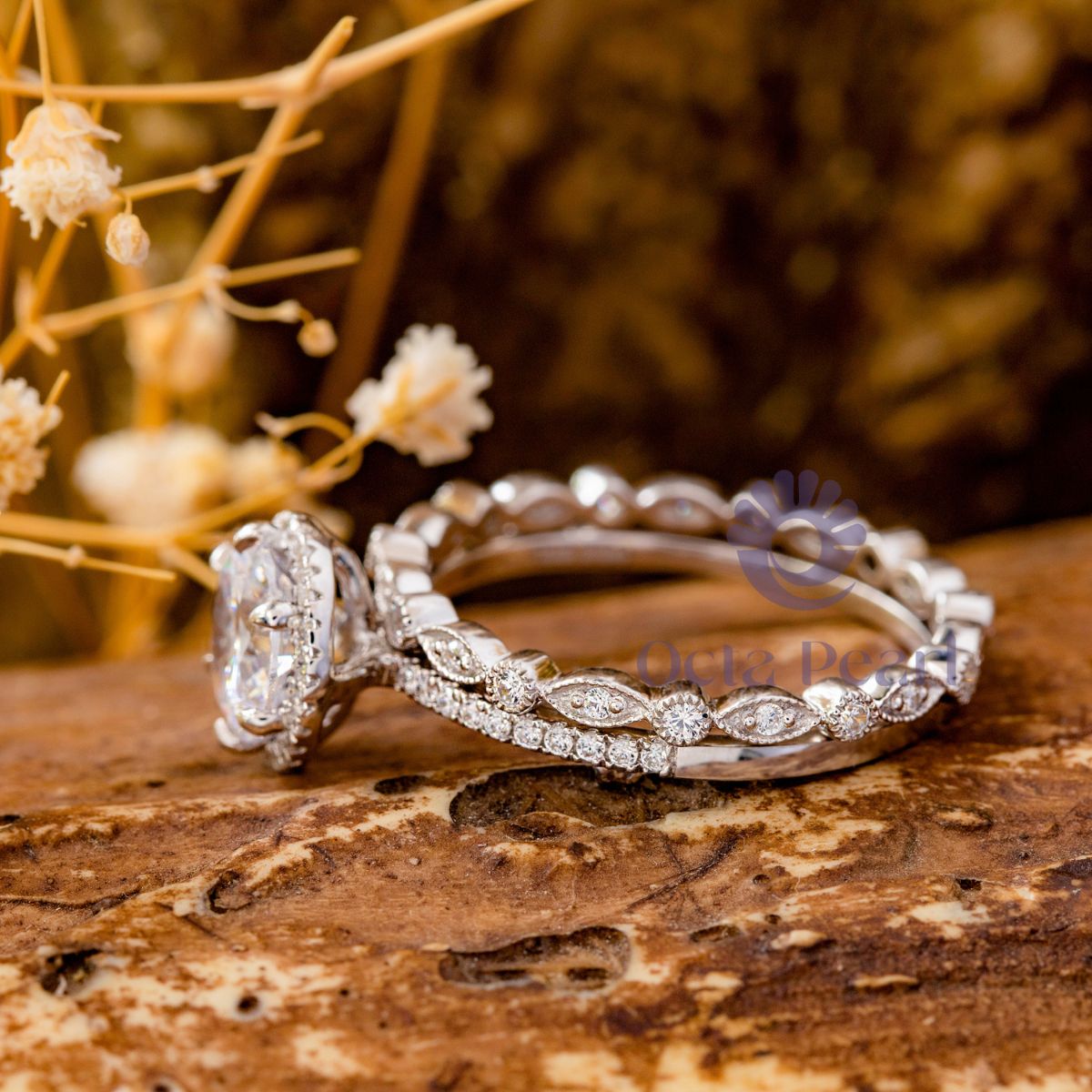 Round Moissanite Halo Wedding Bridal Ring Set