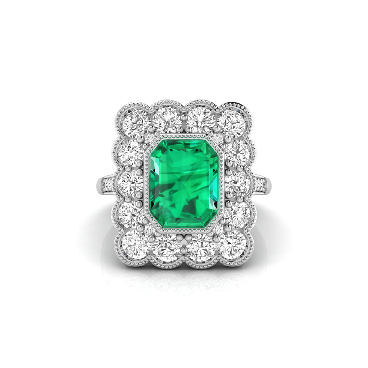 Green Emerald Stone Bezel Set Halo Wedding Ring