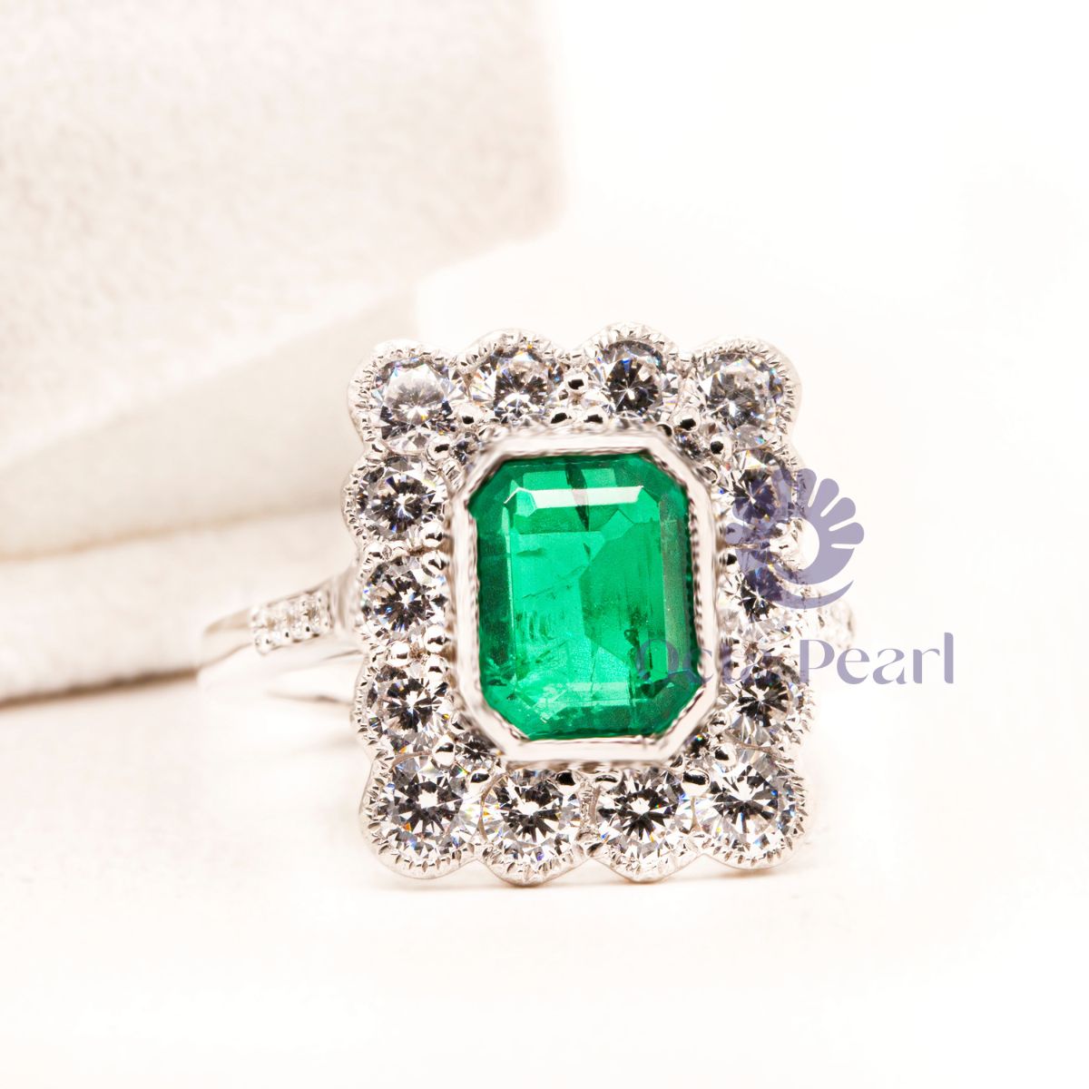 Green Emerald Stone Bezel Set Halo Wedding Ring