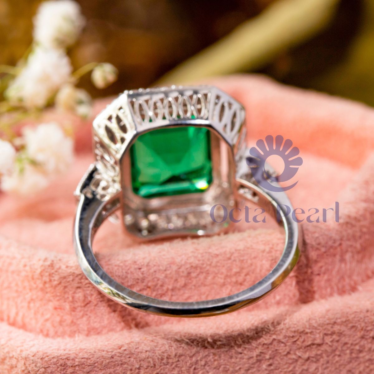 Emerald Cut CZ Stone Bezel Set Halo Wedding Ring