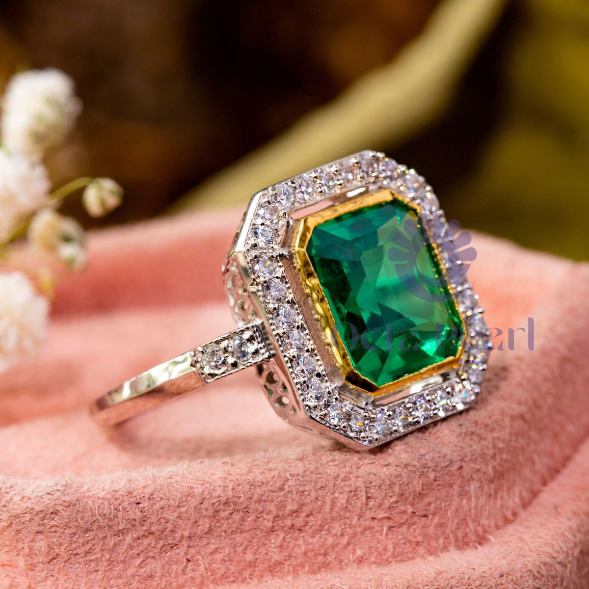Emerald Cut CZ Stone Bezel Set Halo Wedding Ring