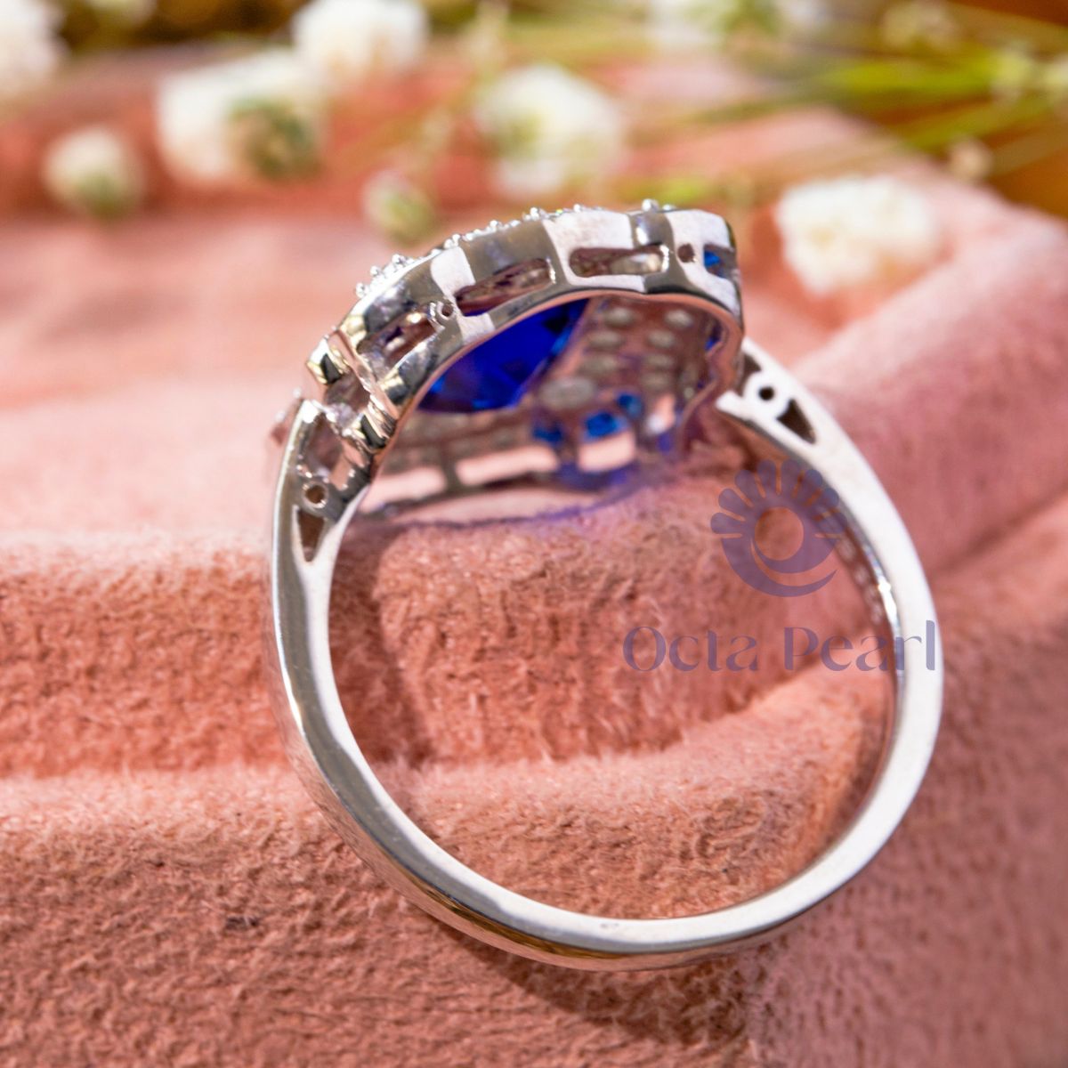 Blue Emerald Cut CZ Stone Bezel Set Double Halo Ring