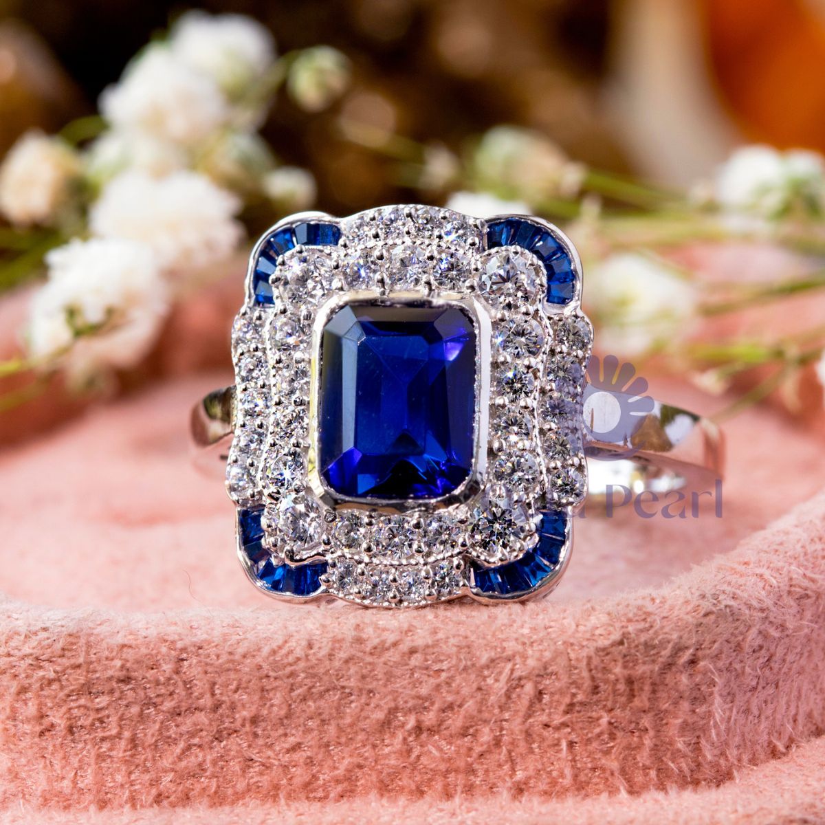 Blue Emerald Cut CZ Stone Bezel Set Double Halo Ring