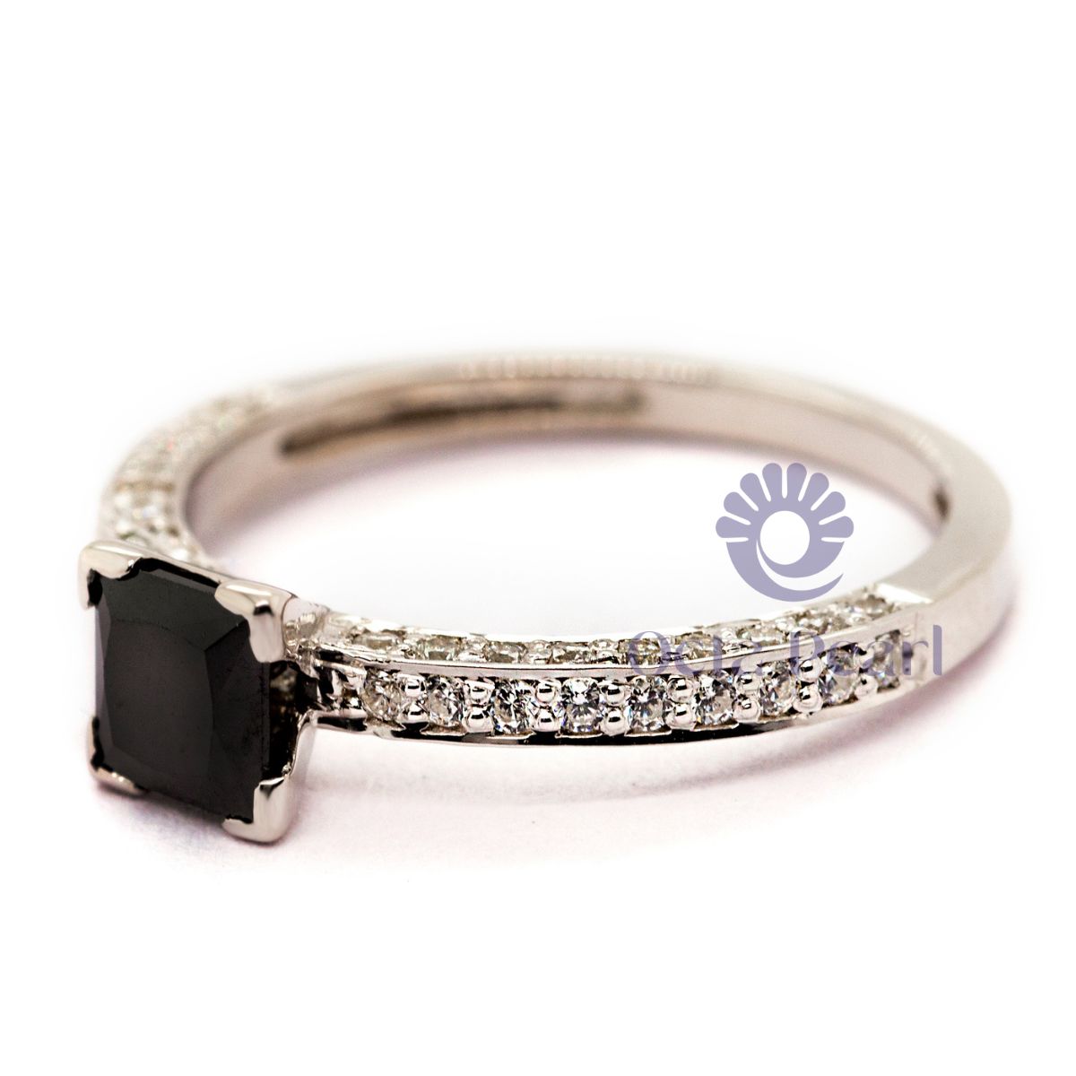 Black Princess & Round CZ Stone V Prong Wedding Ring