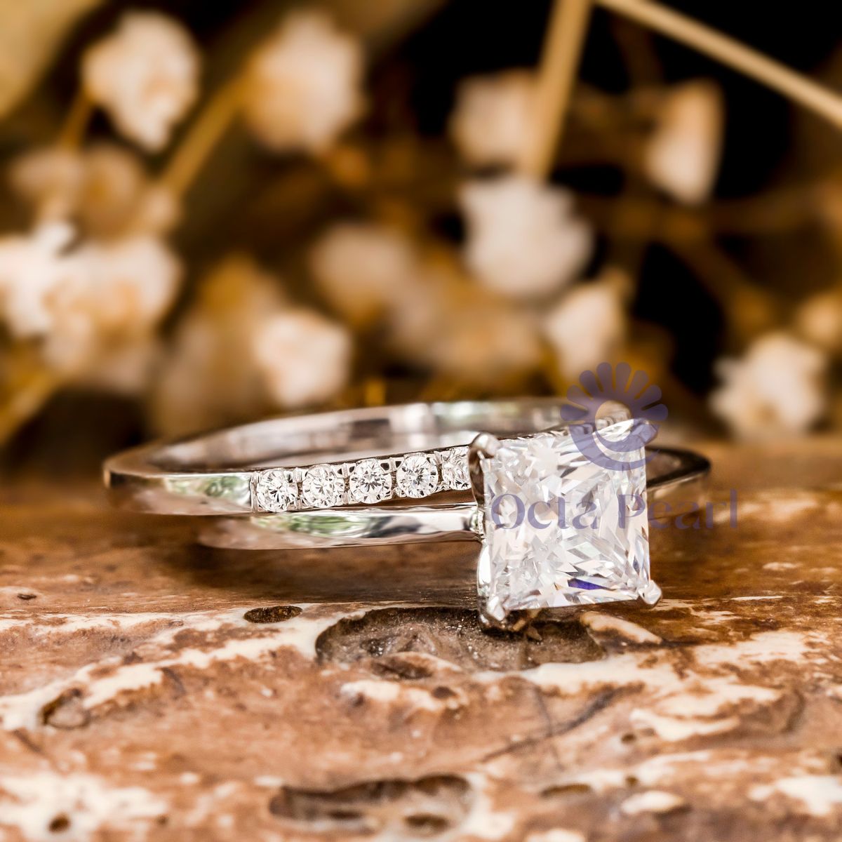 Princess Moissanite Solitaire Wedding Bridal Ring Set
