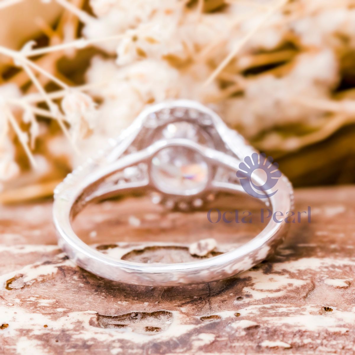 Oval Moissanite Halo Split Shank Ring For Womens