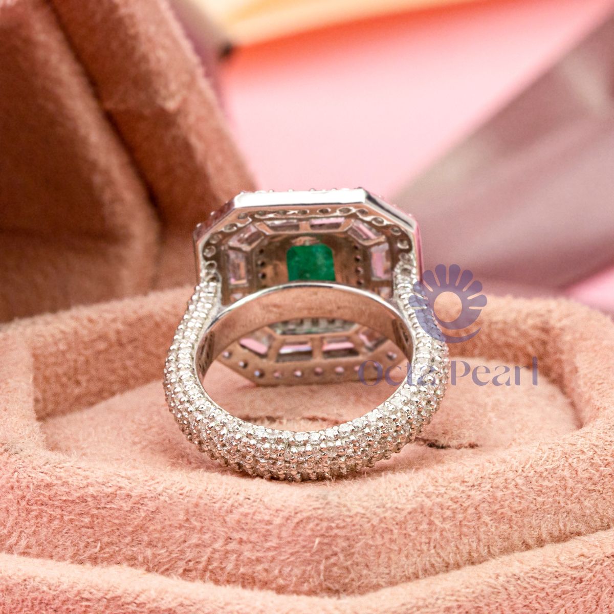 Green Emerald Cut CZ Stone Triple Halo Party Wear Ring