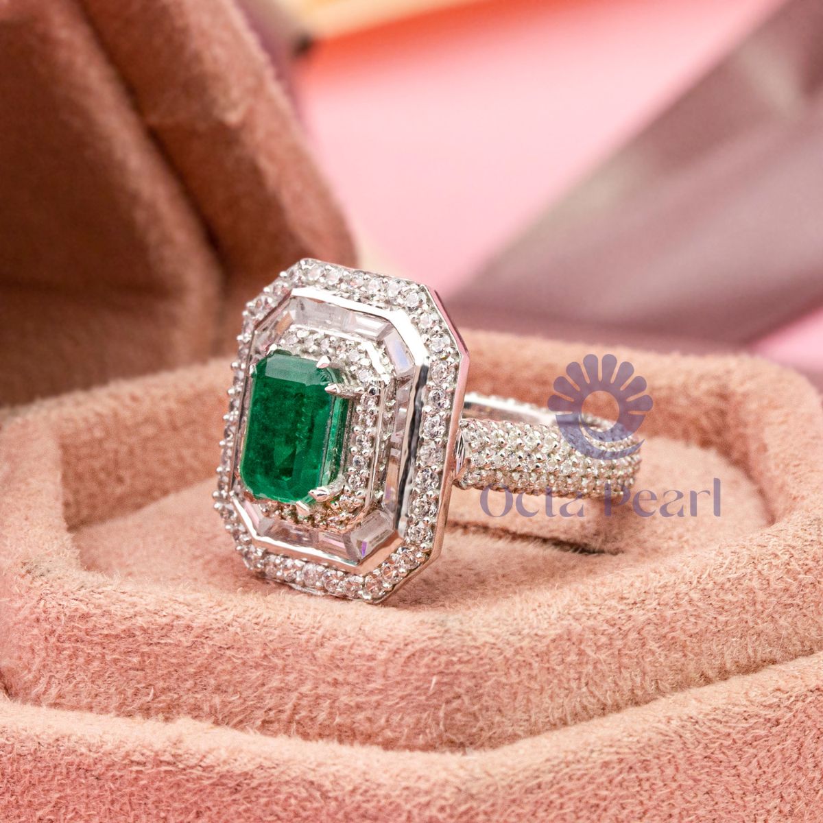 Green Emerald Cut CZ Stone Triple Halo Party Wear Ring