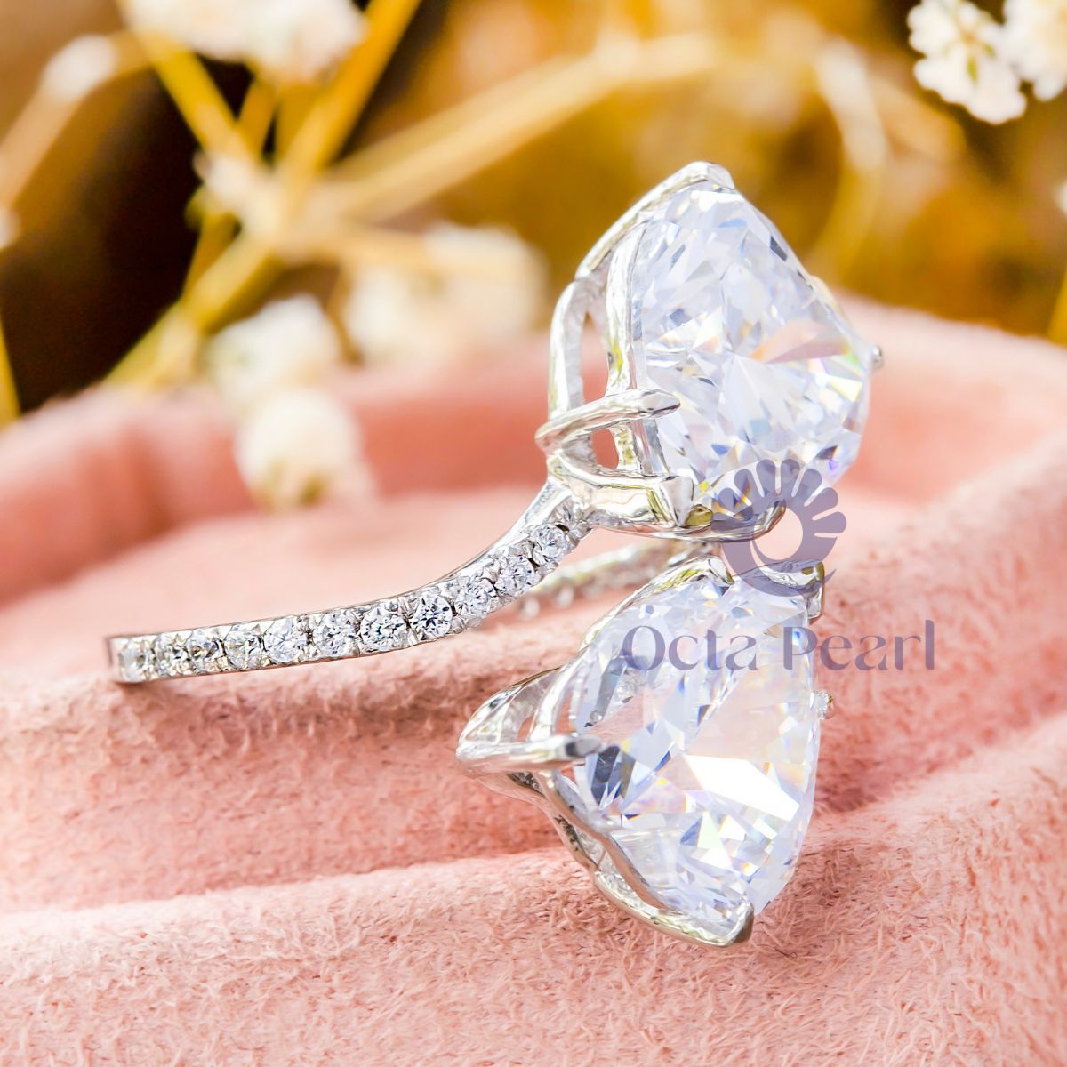 Bypass Shank Two Heart CZ Stone Party Wear Ring