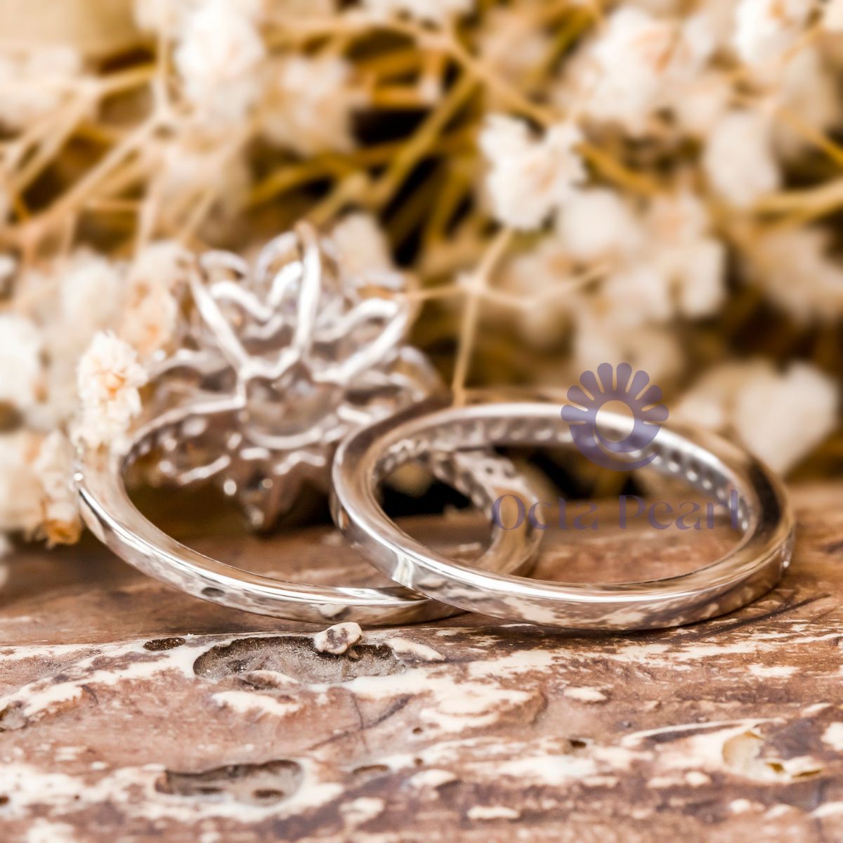 Floral Halo Round Moissanite Bridal Ring Set
