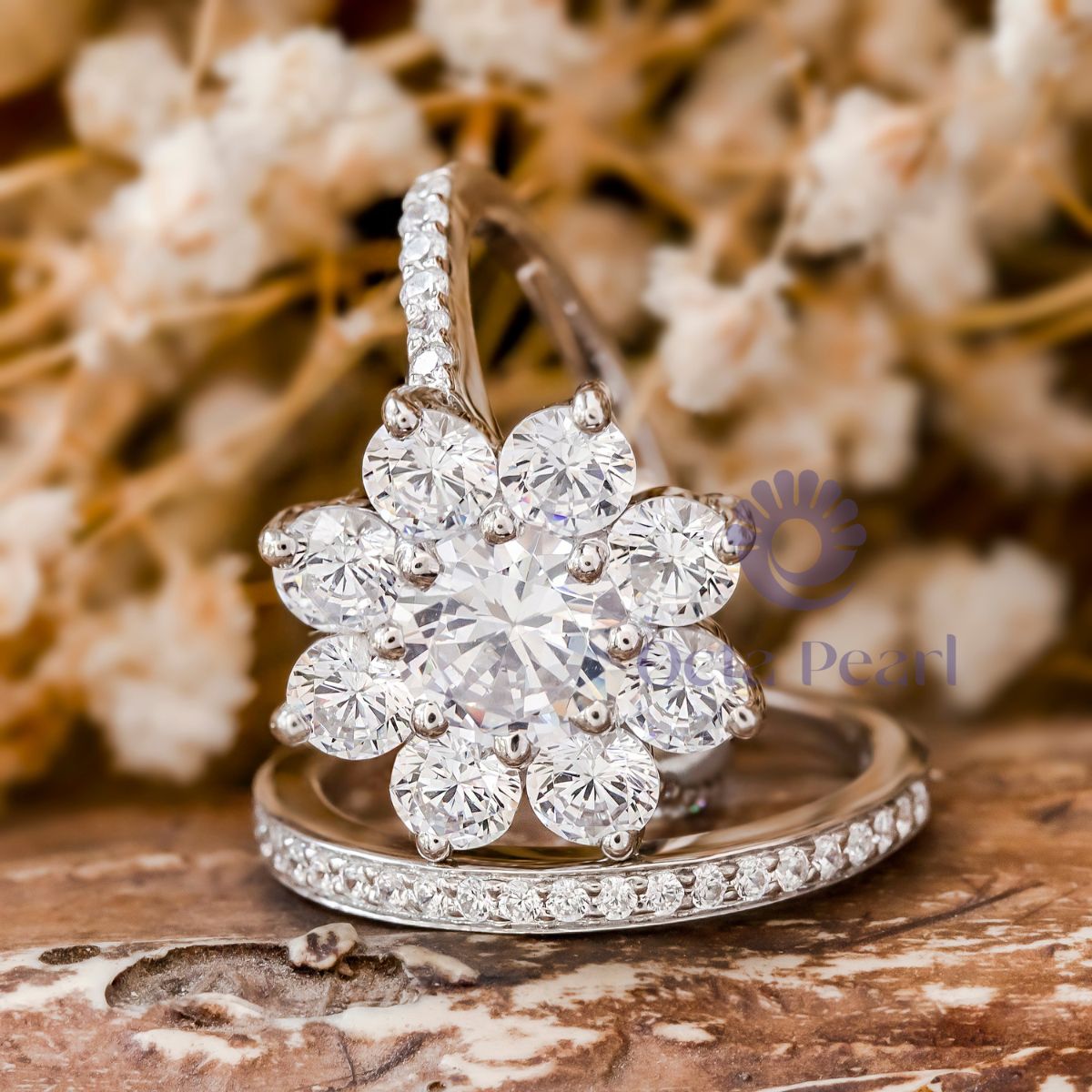 Floral Halo Round Moissanite Bridal Ring Set