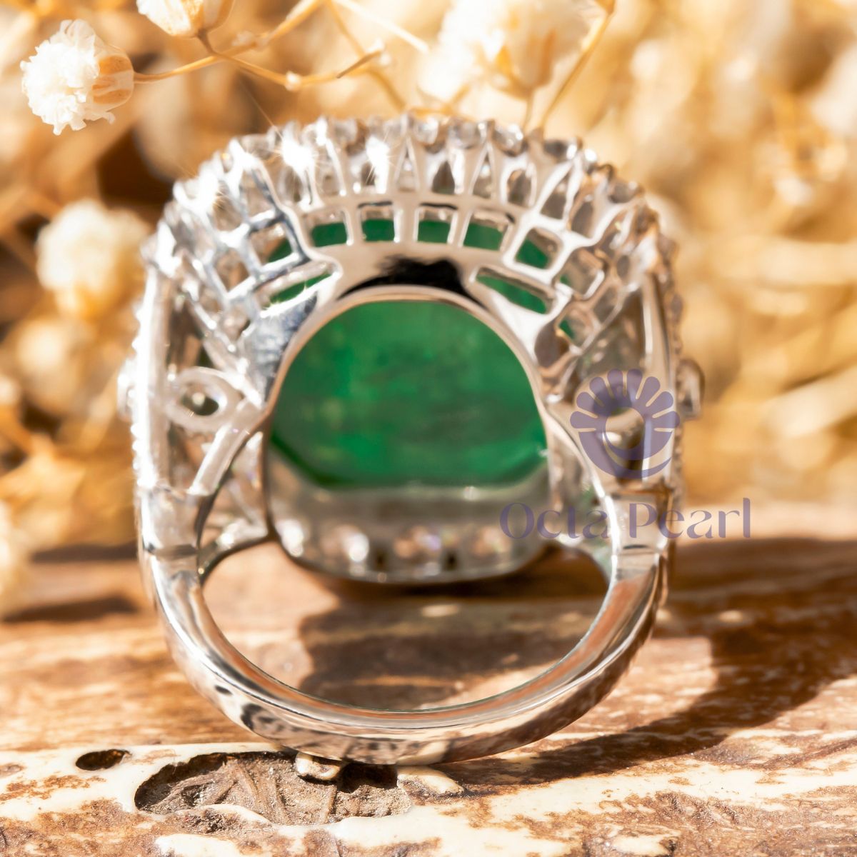 Green Emerald CZ Stone Bezel Set Halo Cocktail Ring