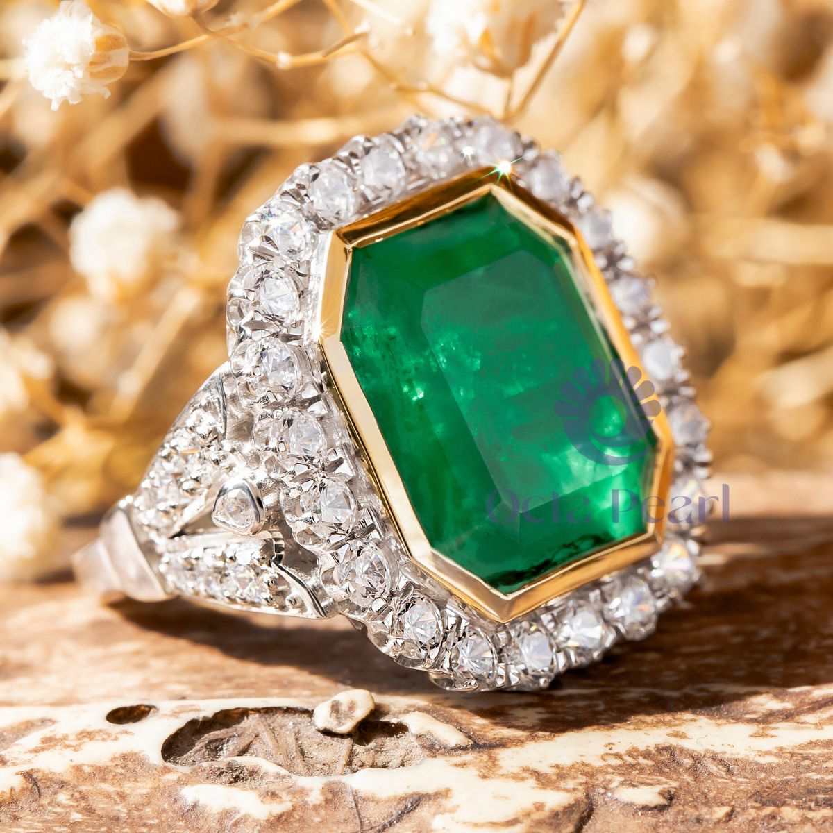 Green Emerald CZ Stone Bezel Set Halo Cocktail Ring