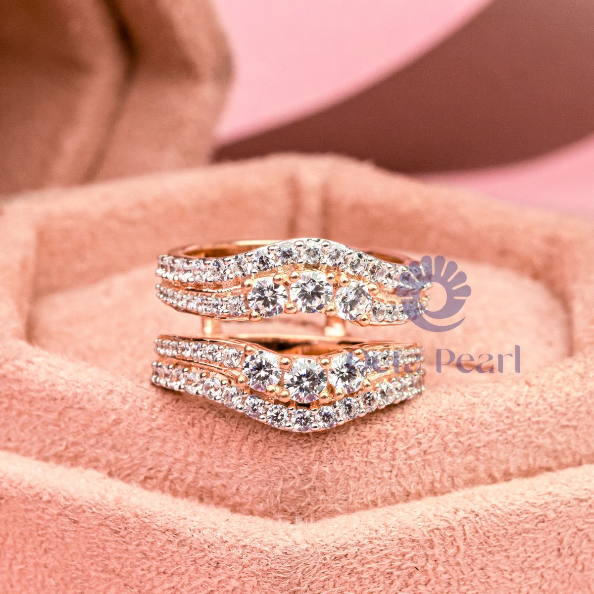 Round Moissanite Double Row Curved Enhancer Guard Band