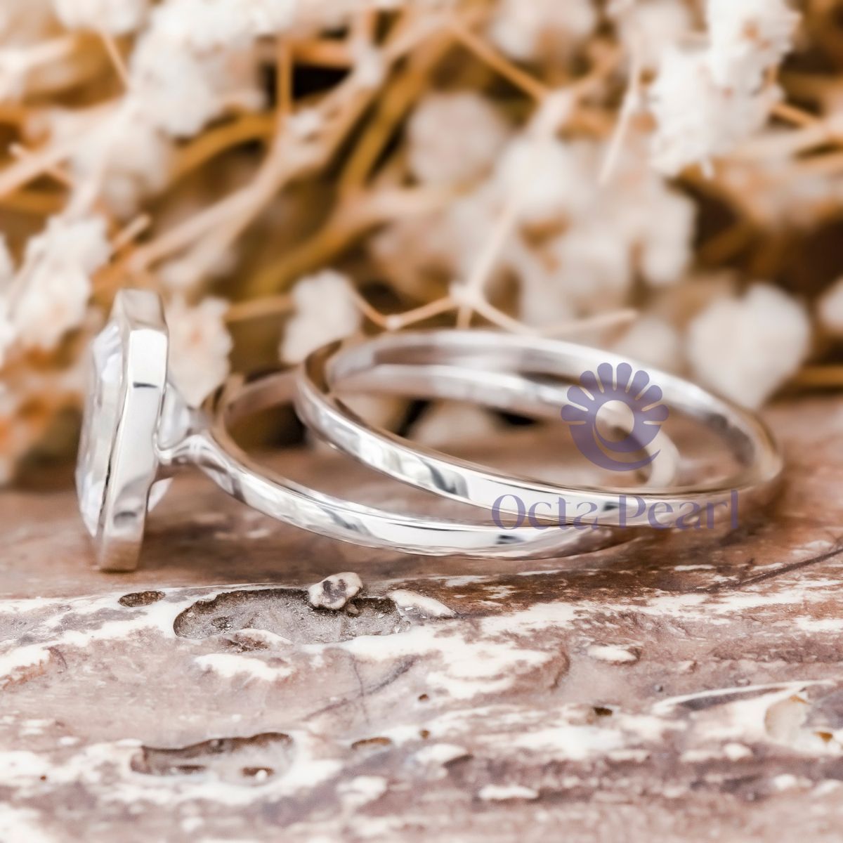 Emerald Moissanite Bezel Set Solitaire Bridal Ring Set