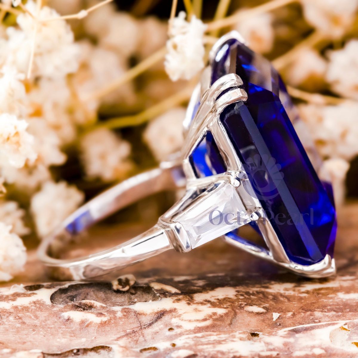 Blue Emerald Cut CZ Stone Past Present Future Ring