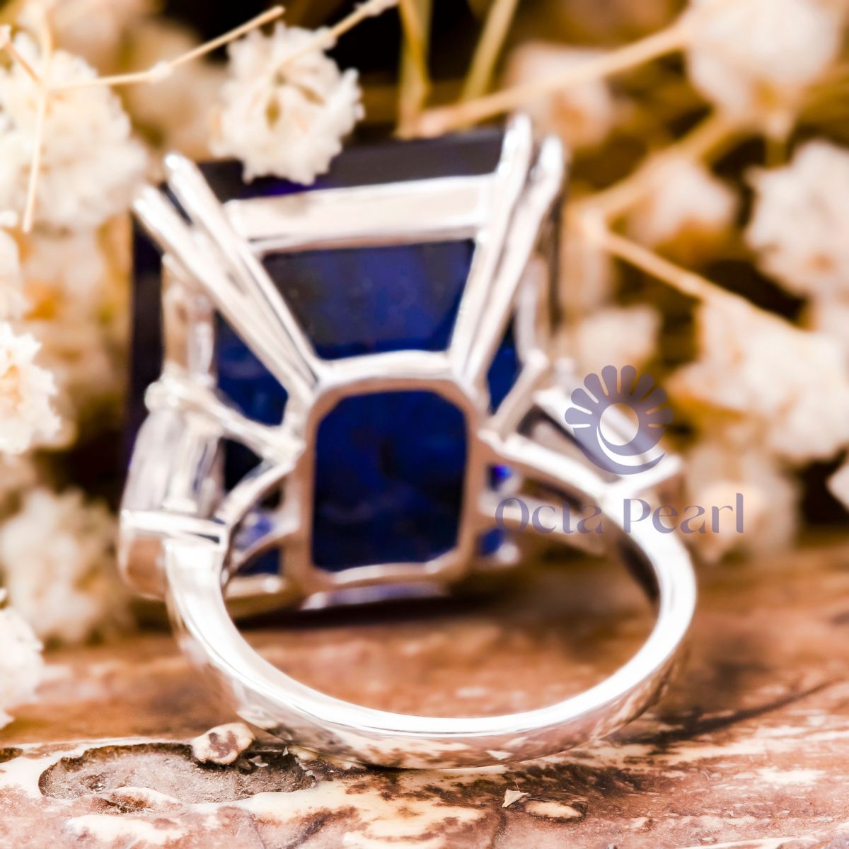 Blue Emerald Cut CZ Stone Past Present Future Ring