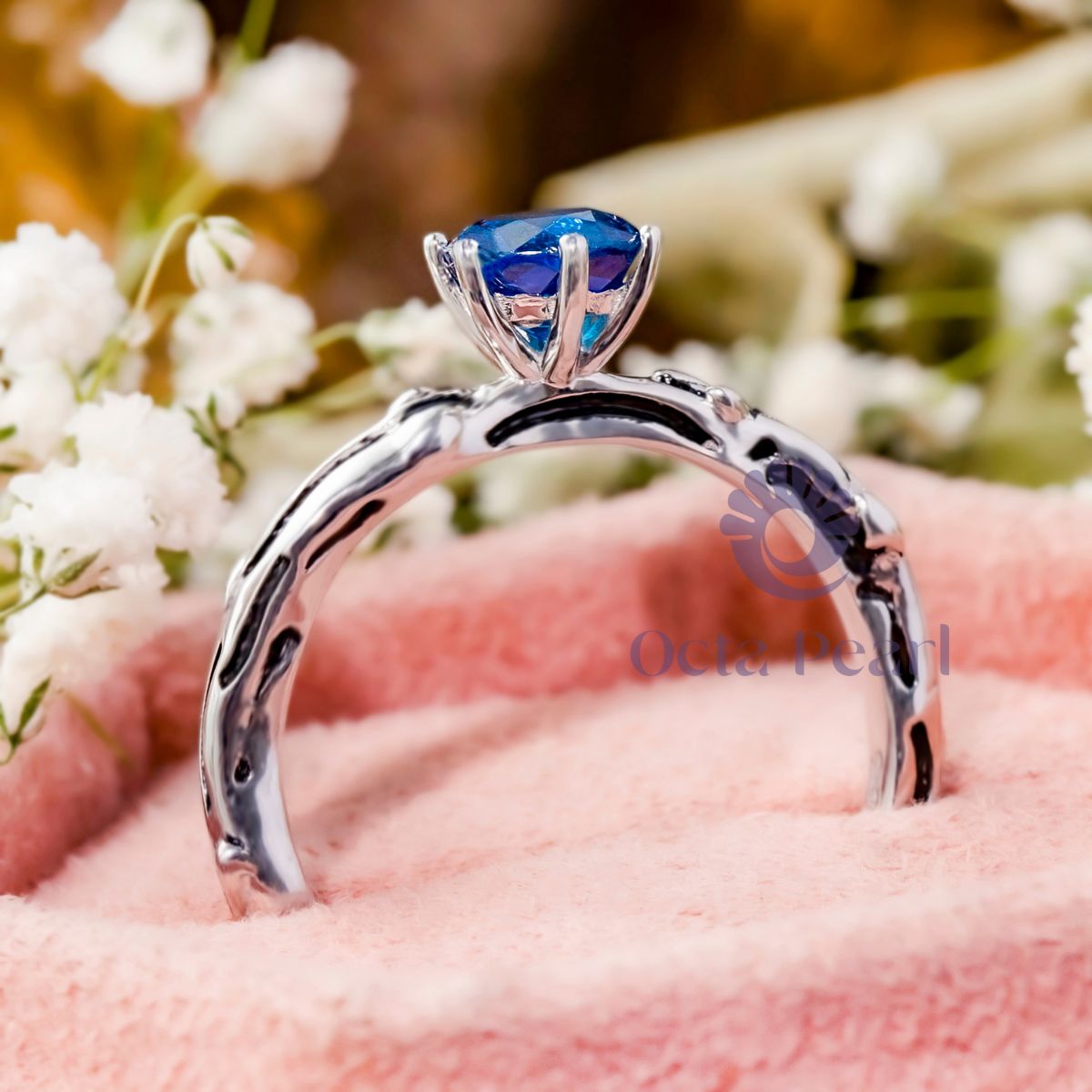 Blue Round CZ Stone Twig Branch Solitaire Ring