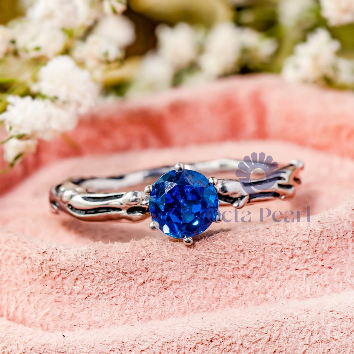 Blue Round CZ Stone Twig Branch Solitaire Ring