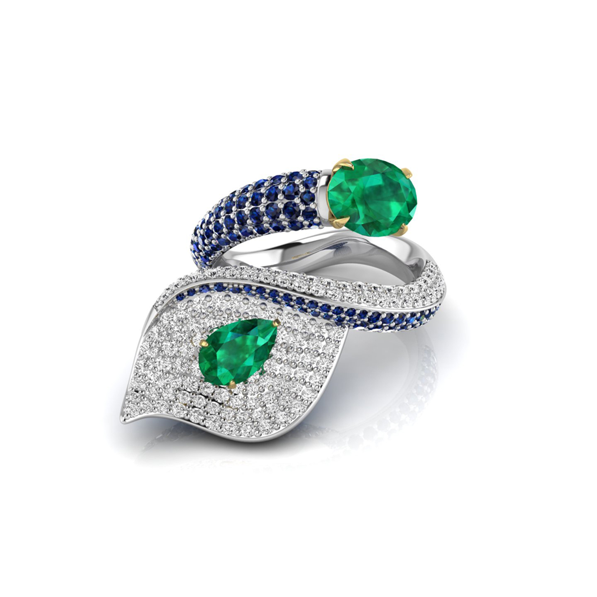 Green Oval & Pear CZ Stone Leaf Inspire Bypass Ring