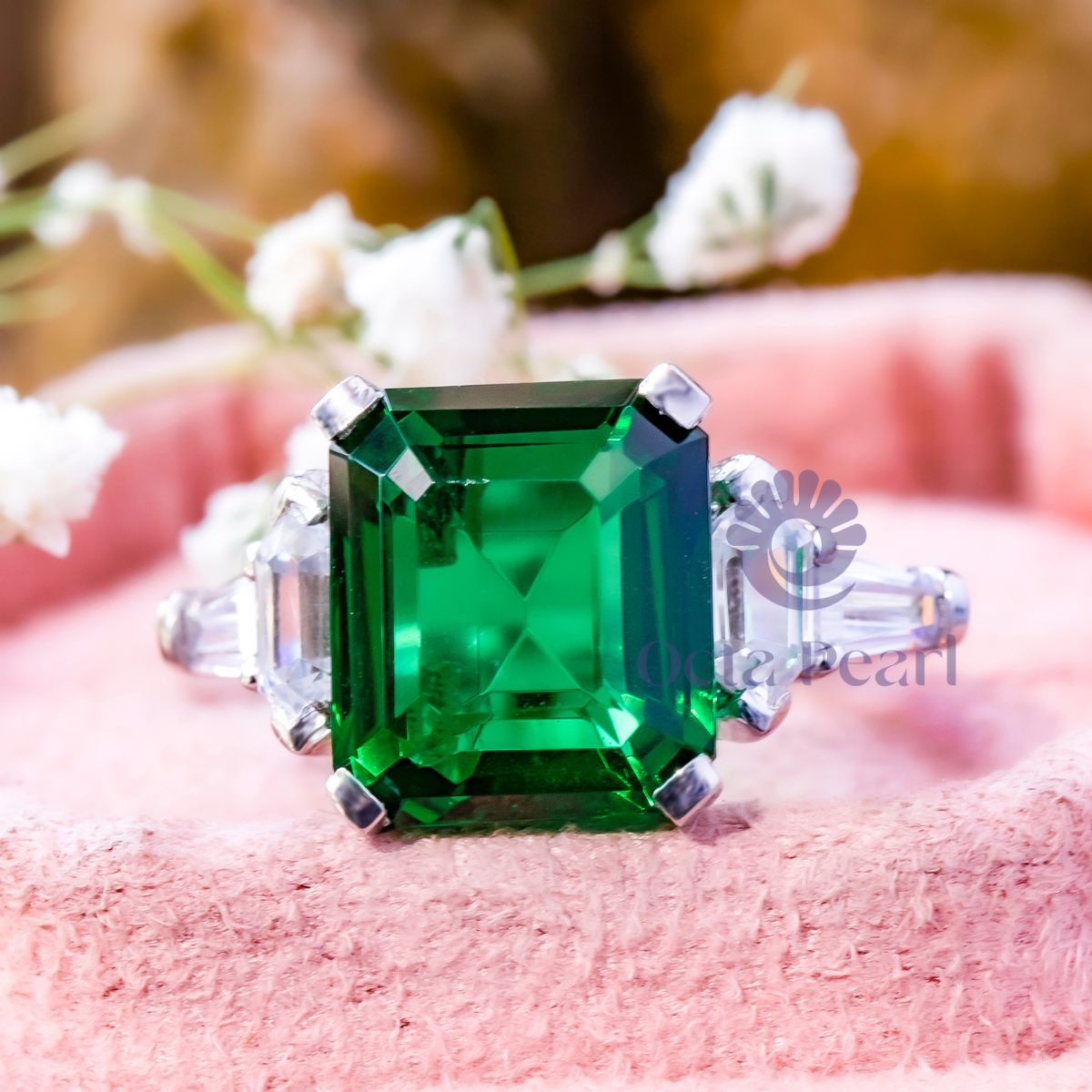 Green Emerald Cut CZ Five Stone Engagement Ring