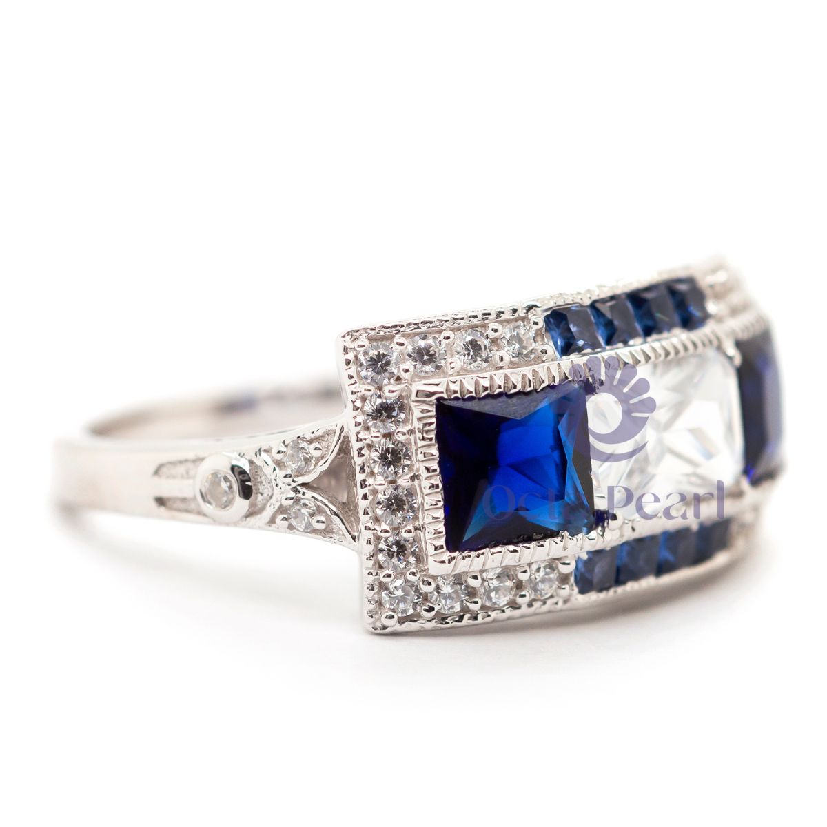Radiant & Blue Princess CZ Three Stone Halo Ring