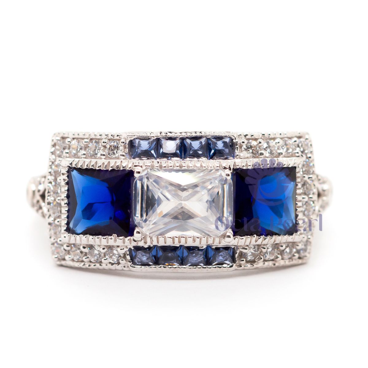 Radiant & Blue Princess CZ Three Stone Halo Ring