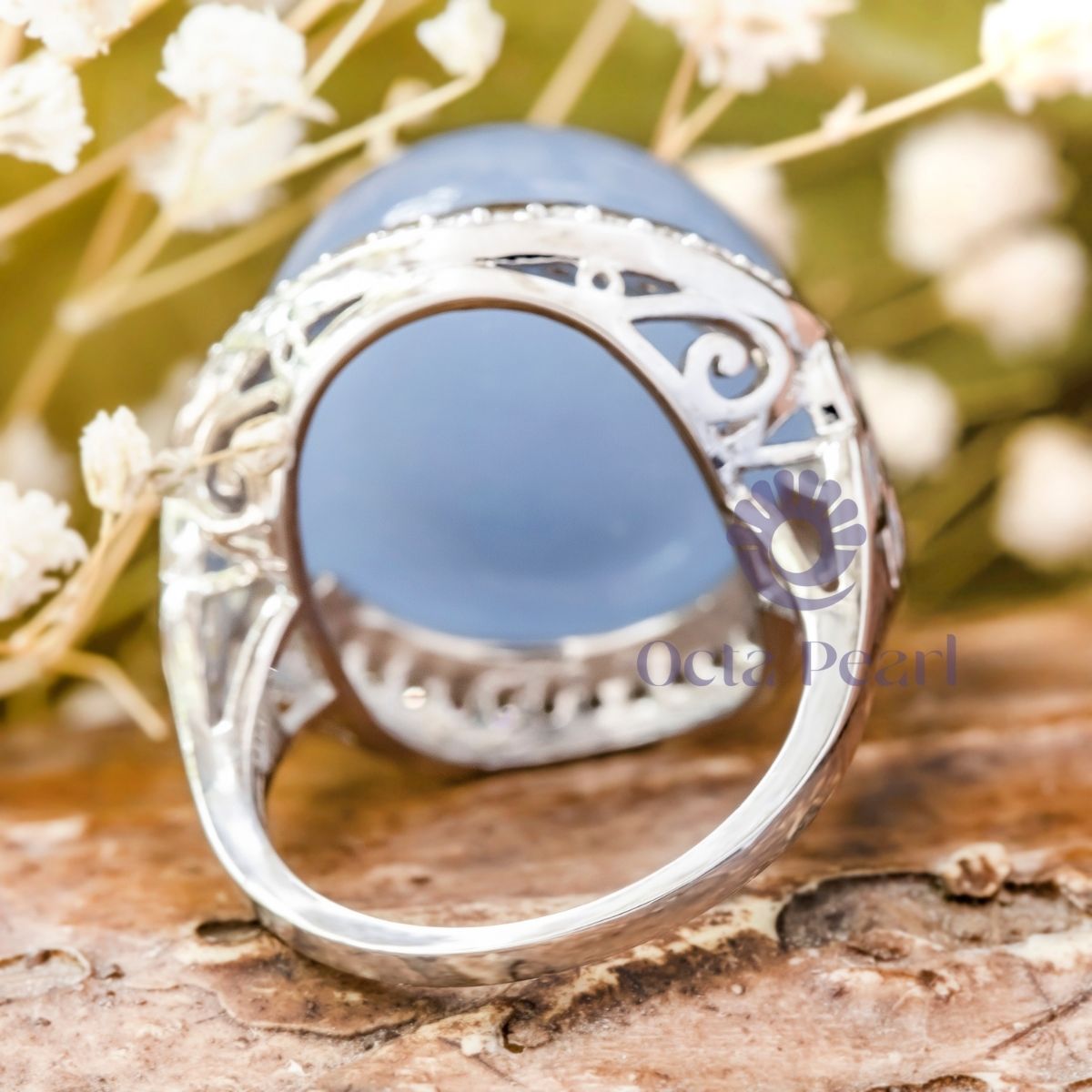 Round Cabochon & CZ Stone Halo Party Wear Ring