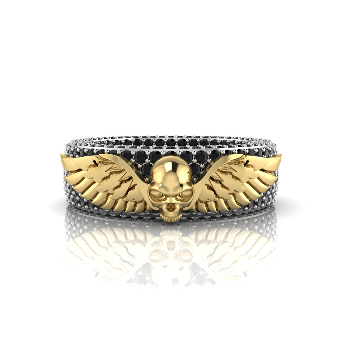 Black Round CZ Stone Skull With Wings Eternity Band