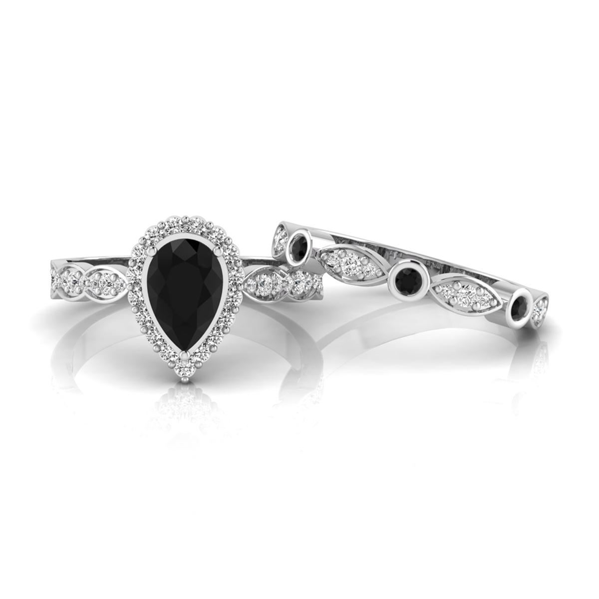 Black Pear Cut CZ Stone Halo Wedding Ring Set