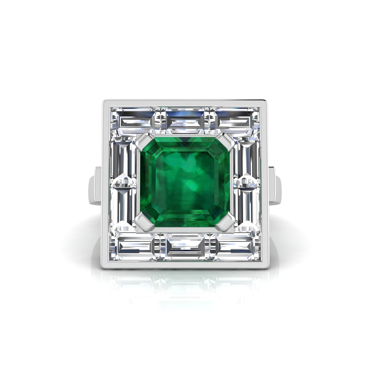 Green Asscher & Baguette CZ Stone Square Halo Ring