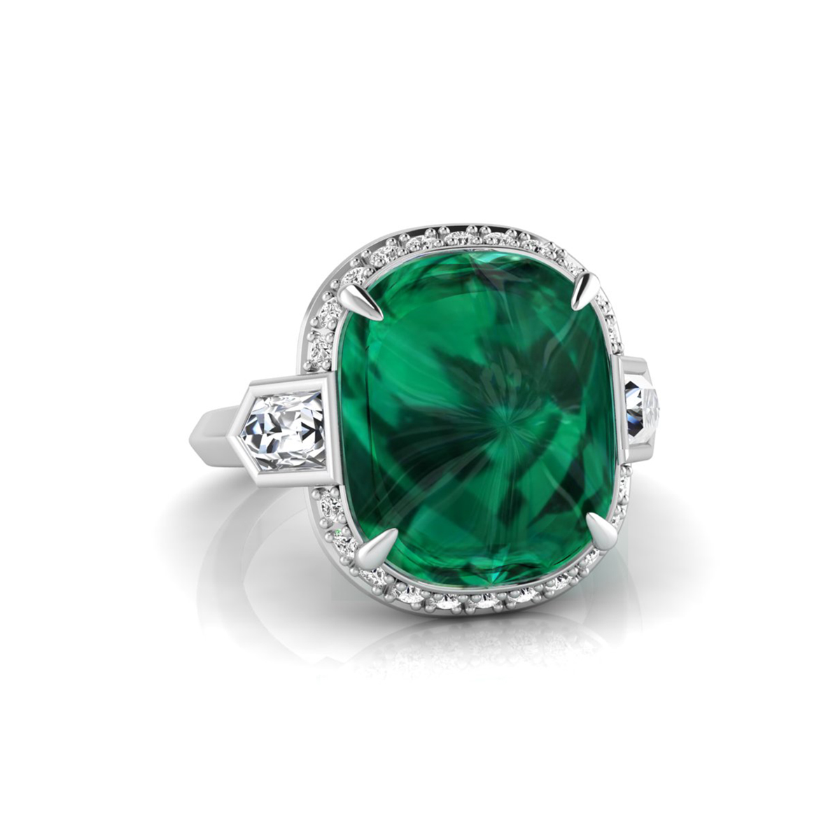 Green Fancy Cabochon Three Stone Half Halo Ring