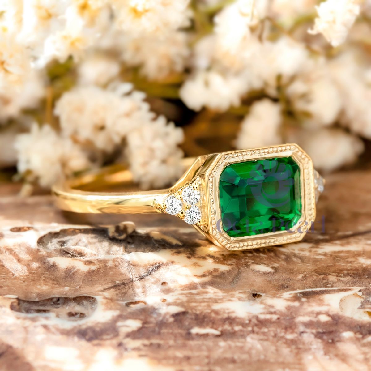 Green Emerald CZ Seven Stone Milgrain Bezel Set Ring