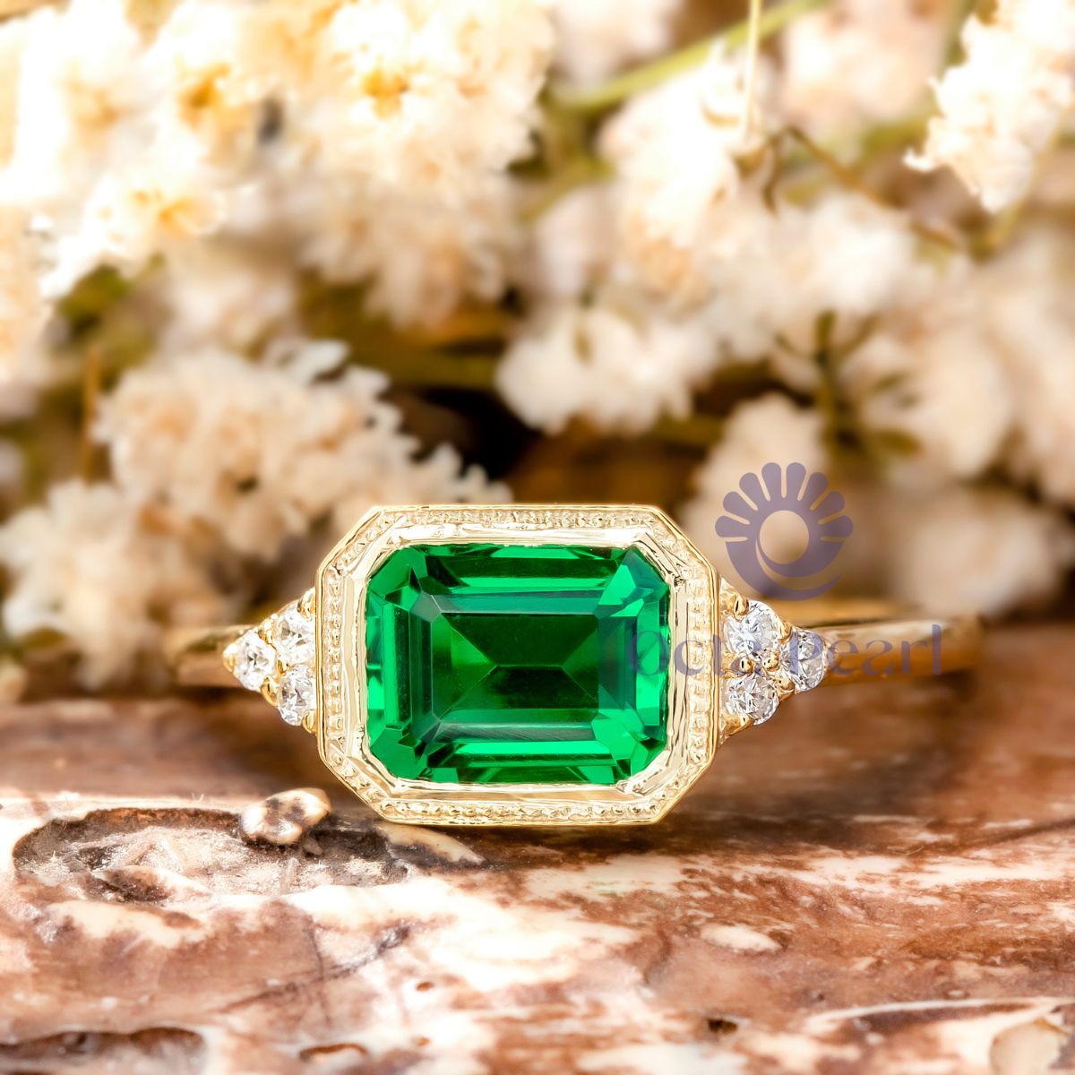 Green Emerald CZ Seven Stone Milgrain Bezel Set Ring